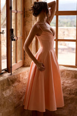 Peach Cotton Pleated Midi Sundress