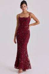 Wine Hand Beaded Embellished Corset Maxi Dress - Limited Edition