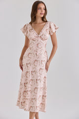 Vintage Rose Floral Print Satin V-neck Midi Tea Dress