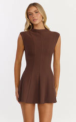 Becky Mini Dress - High Neck Sleeveless Fit And Flare Dress in Chocolate