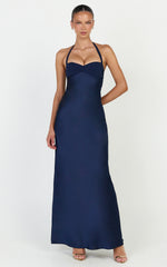 Flynn Maxi Dress - Satin Halter Sweetheart Neck Dress in Navy