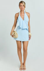 Faye Mini Dress - Halter Neck Chain Detail Draped Front Dress in Blue