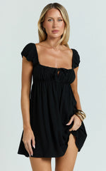 Brooks Mini Dress - Puff Sleeve Front Tie Babydoll Dress in Black