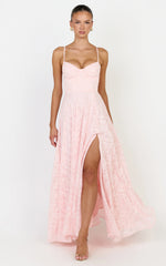 Rachel Maxi Dress - Sweetheart Neckline Jacquard Front Split Dress in Pink