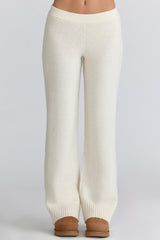 Ivory Merino Wool Ribbed Knit Trousers