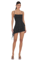 Polka Dot Mesh Tassel Dress in Black