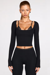 Ribbed Modal Long-Sleeve Laced Bra Top in Black