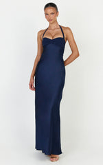 Flynn Maxi Dress - Satin Halter Sweetheart Neck Dress in Navy