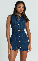 Stephanie Mini Dress - Scoop Neck Pocket Detail Recycled Denim Dress in Indigo Wash