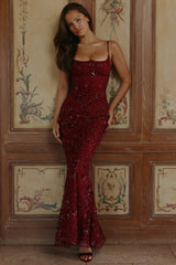 Wine Hand Beaded Embellished Corset Maxi Dress - Limited Edition