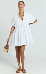 Calissa Mini Dress - Frill Hem Smock Dress in White