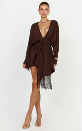 Ariette Mini Dress - Plunge Neck Fringe Detail Belt Dress in Chocolate