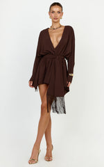 Ariette Mini Dress - Plunge Neck Fringe Detail Belt Dress in Chocolate