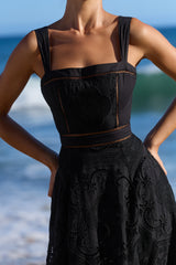 Black Cotton Placement Broderie Anglaise Midi Dress