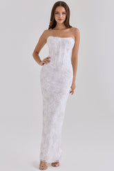 White Hand Beaded Embellished Strapless Maxi Dress