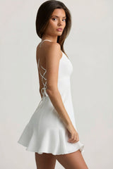 Drop-Waist Lace-Up Mini Dress in White