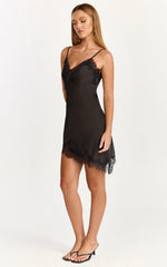 Iris Mini Dress - Lace Trim Asymmetrical Camisole Dress in Black