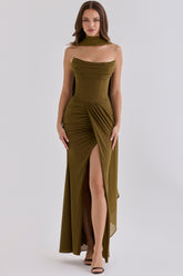 Olive Crepe Strapless Maxi Dress With Detachable Cape