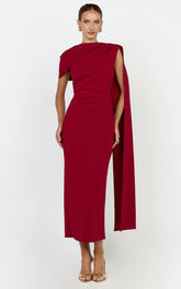 Visenta Midi Dress - Asymmetrical Sleeve Dress in Wine