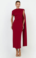 Visenta Midi Dress - Asymmetrical Sleeve Dress in Wine