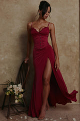 Wine Lace Trim Maxi Dress + Corset
