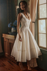 White Cotton Waist Cinch Midi Sundress