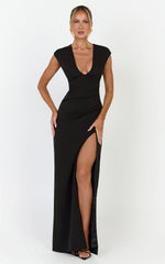 Lilo Maxi Dress - V Neck Cap Sleeve Dress in Black