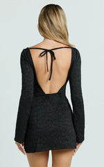 Winnie Mini Dress - Boat Neck Flute Sleeve Dress in Black