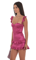 Satin Ruffle Bodycon Dress in Magenta