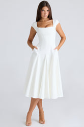 White Square Neck Twill Midi Dress