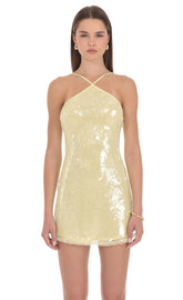 Sequin Halter Mini Dress in Yellow