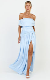 Bree Maxi Dress - Off Shoulder Draped Sash Dress in Blue