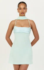 Arin Mini Dress - Satin Contrast Dress With Draped Neck Scarf in Mint