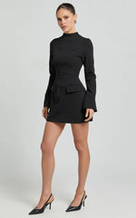 Carlson Mini Dress - High Neck Sleeve Cocoon Skirt Dress in Black
