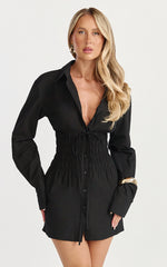 Eugenia Mini Dress - Long Sleeve Smocked Shirt Mini Dress in Black