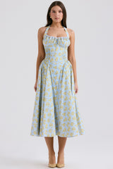 Soft Blue Vintage Floral Print Cotton Halter Sundress