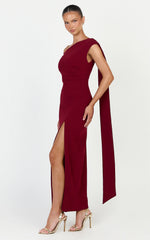 Cosette Midi Dress - Asymmetric Neckline Draped Shoulder Sash Dress in Wine