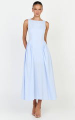 Casina Midi Dress - Boat Neck Tie Back Fit And Flare Dress in Blue