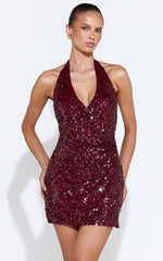 Almira Mini Dress - Sequin Halter Wrap Dress in Wine