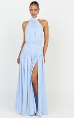 Lila Maxi Dress - Backless High Neck Halter Dress in Blue