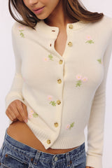 Cream Wool + Cashmere Pink Floral Embroidered Cardigan
