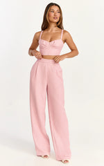 Sylvia Two Piece Set - Corset Top and High Waisted Wide Leg Pants Set in Pink