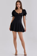 Black Satin Lace Trim Mini Dress
