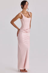 Blush Pink Satin Gathered Maxi Dress