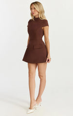Savanna Mini Dress - High Neck Cap Sleeve Tulip Skirt Dress in Chocolate