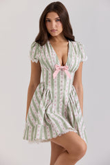 Green Stripe Floral Print Stretch Cotton Mini Dress