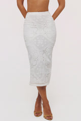 White Cotton Placement Lace Broderie Anglaise Midi Skirt