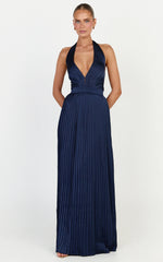 Kayla Maxi Dress - Plunge Neckline Pleated Halter Dress in Navy