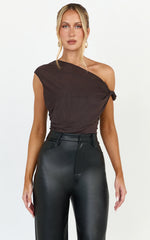 Paloma Top - Mesh Overlay Twist Sleeve Top in Chocolate