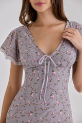 Lilac Vintage Floral Print Georgette Maxi Tea Dress